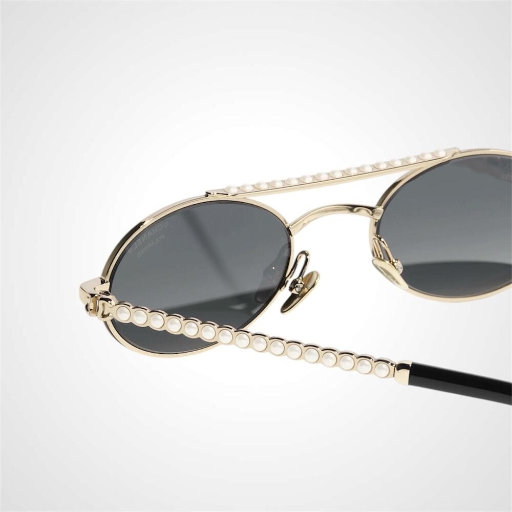 New CHANEL Sunglasses Gold Metal Polarized Oval White Pearl Arms Authentic Women - Picture 4 of 5